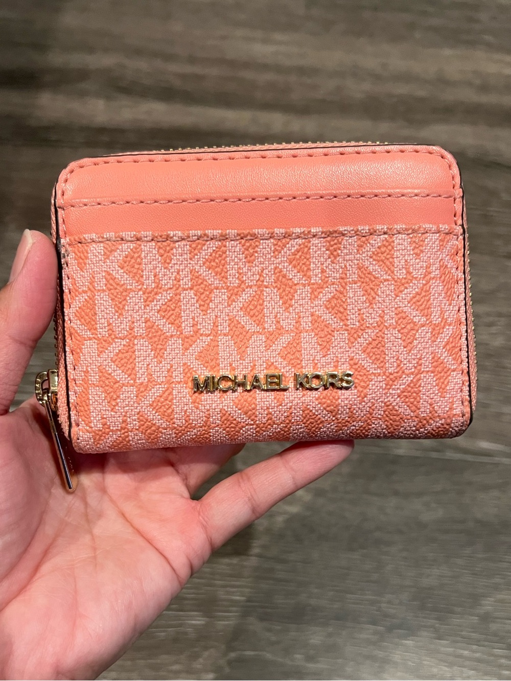Michael Kors Coral MK Logo Zip Around compact wallet with Gold Hardware